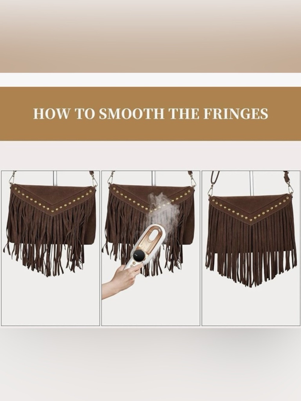 NWT, Brown Western Boho Suede Fringe Crossbody Bag with Stud Details - Picture 9 of 13